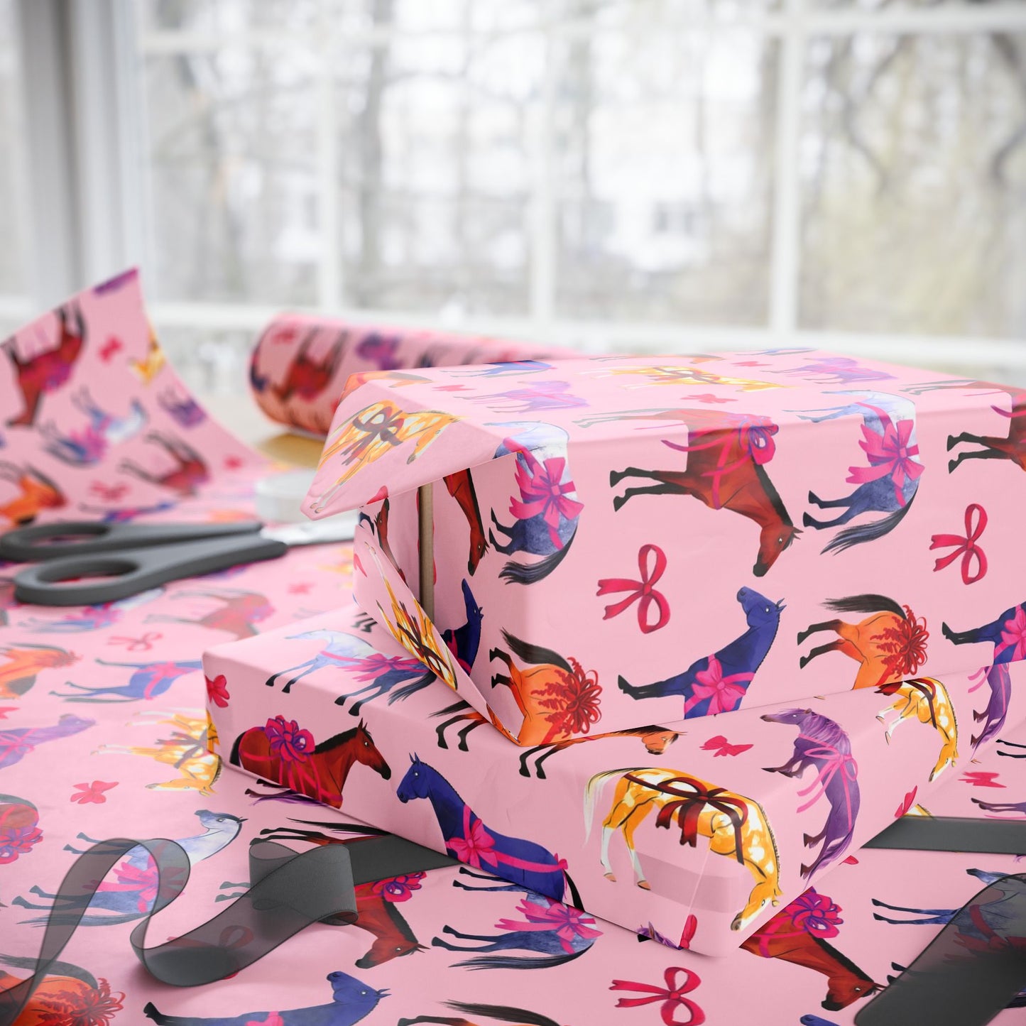 Colorful Horse Breeds | Equestrian Gift Wrap Roll - Pink