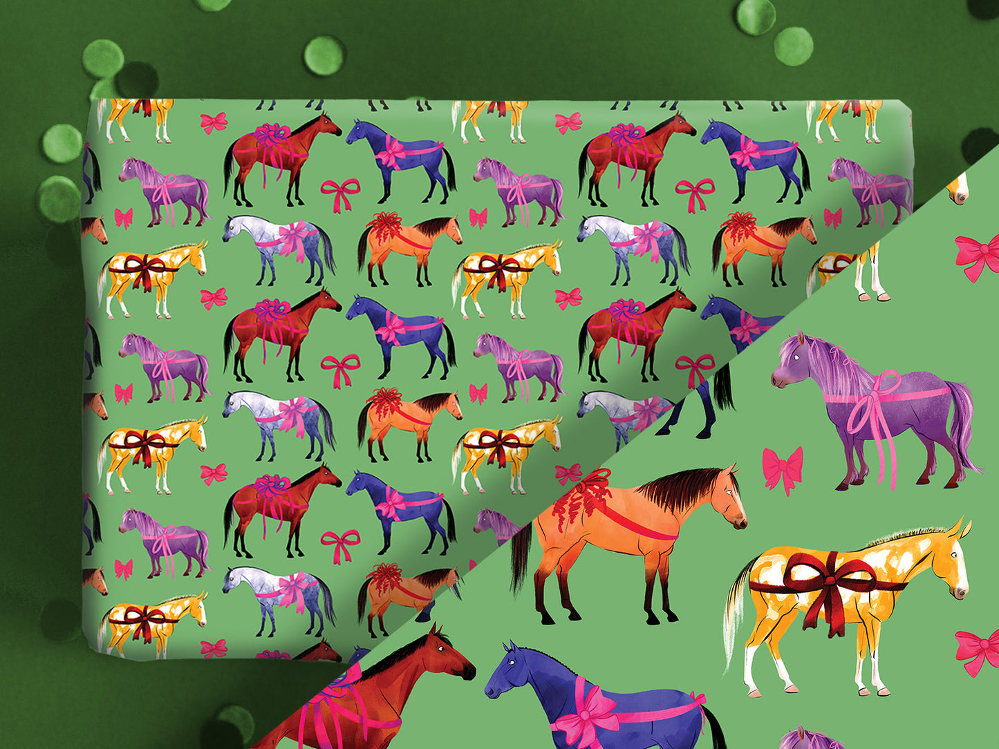 Colorful Horse Breeds | Equestrian Gift Wrap Roll - Green