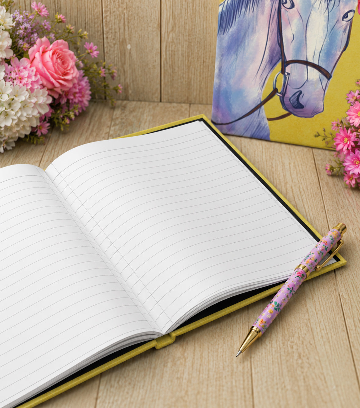 Dressage Horse Floral Journal, Equestrian Notebook Hand-drawn Art, Original Illustration, Horse with Flowers, Modern Boho Horse Decor