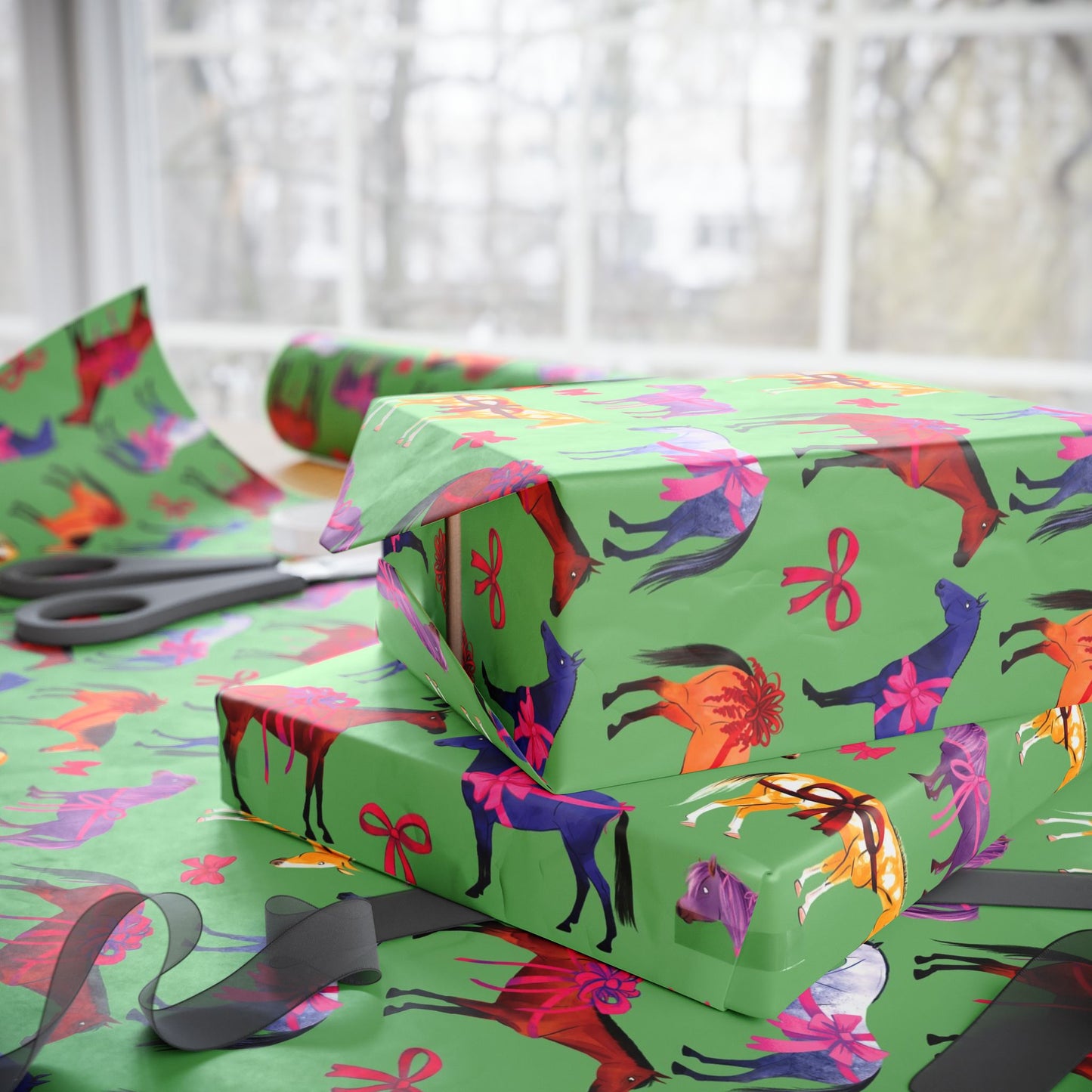 Colorful Horse Breeds | Equestrian Gift Wrap Roll - Green